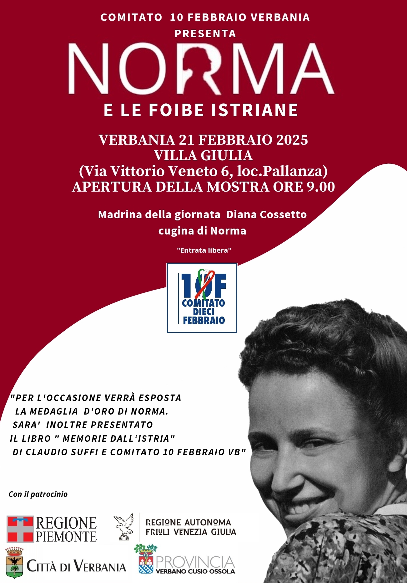 Volantino con immagine del volto di Norma Cossetto e invito all'apertura della mostra