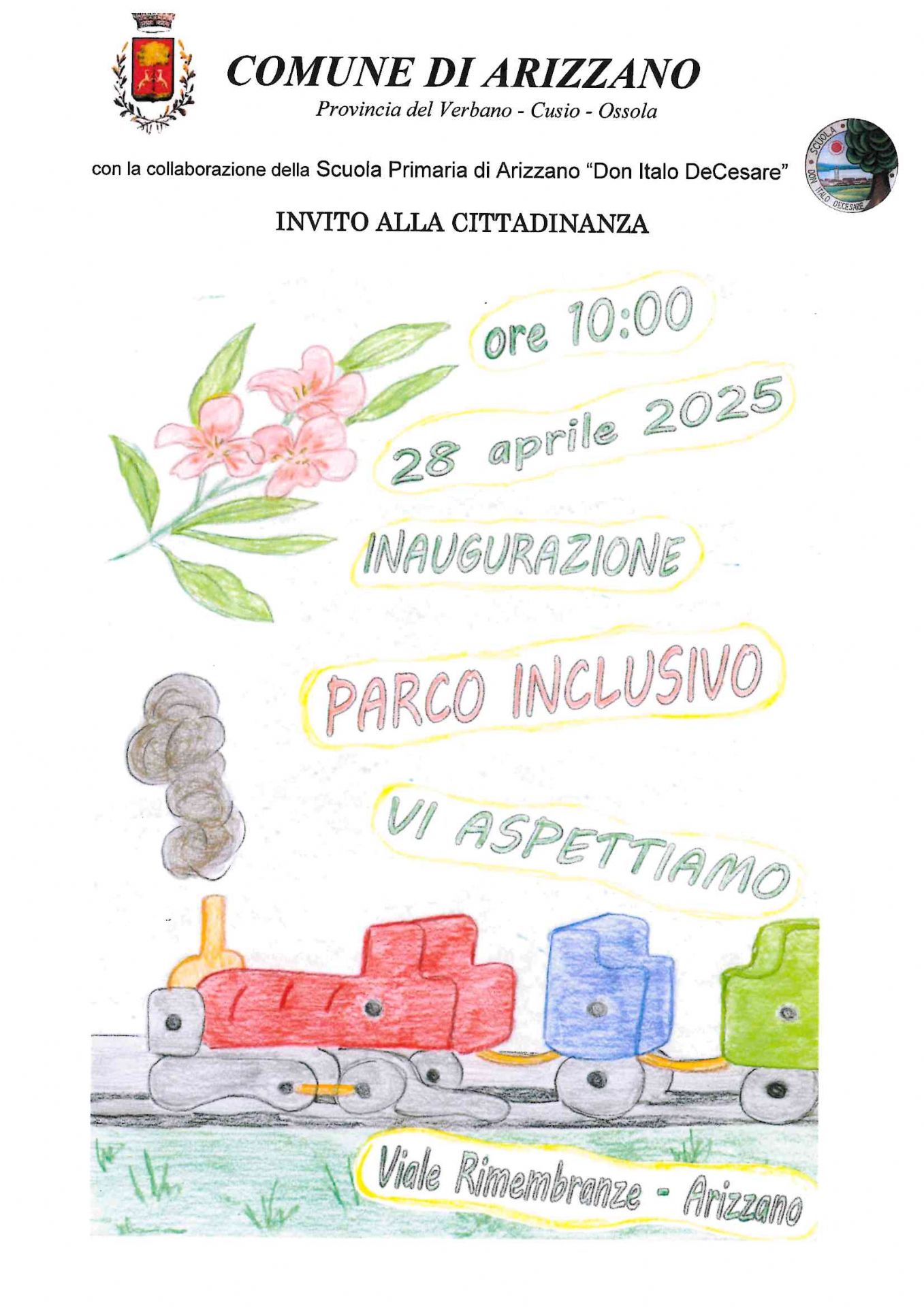 Disegno a colori di un trenino con ramo di fiori con scritta ore 10:00 28 aprile 2025 Inaugurazione Parco Inclusivo Vi aspettiamo Viale Rimembranze - Arizzano