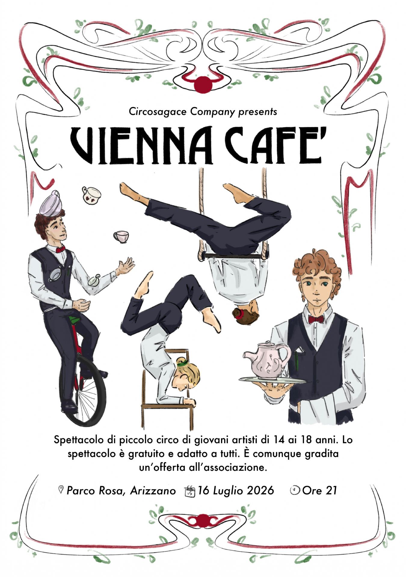 giocolieri vestiti da camerieri che si esibiscono con un monociclo, una sedia e un trapezio in esercizi circensi in formato fumetto