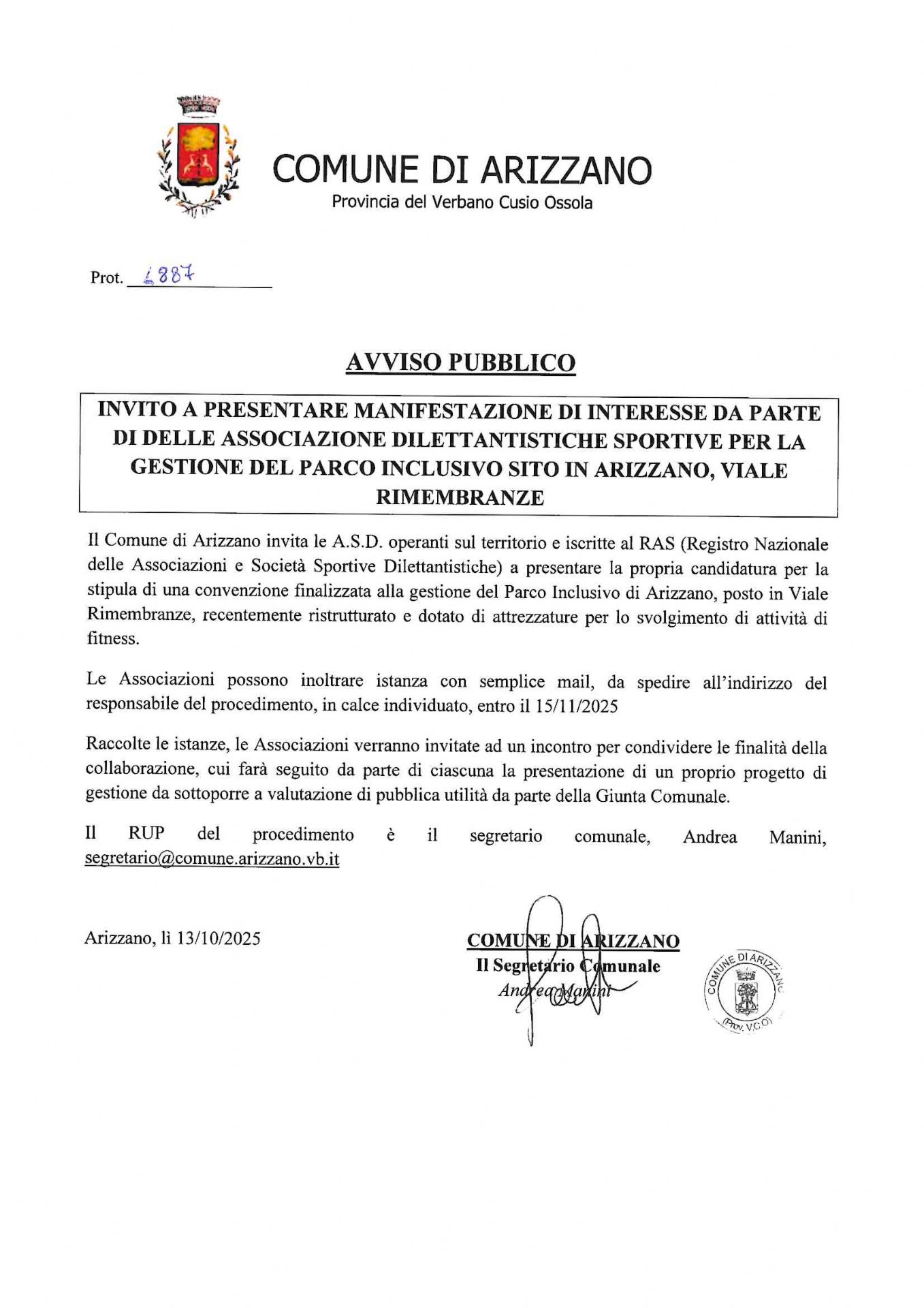 scansione dell'avviso pubblico protocollo n. 4887
