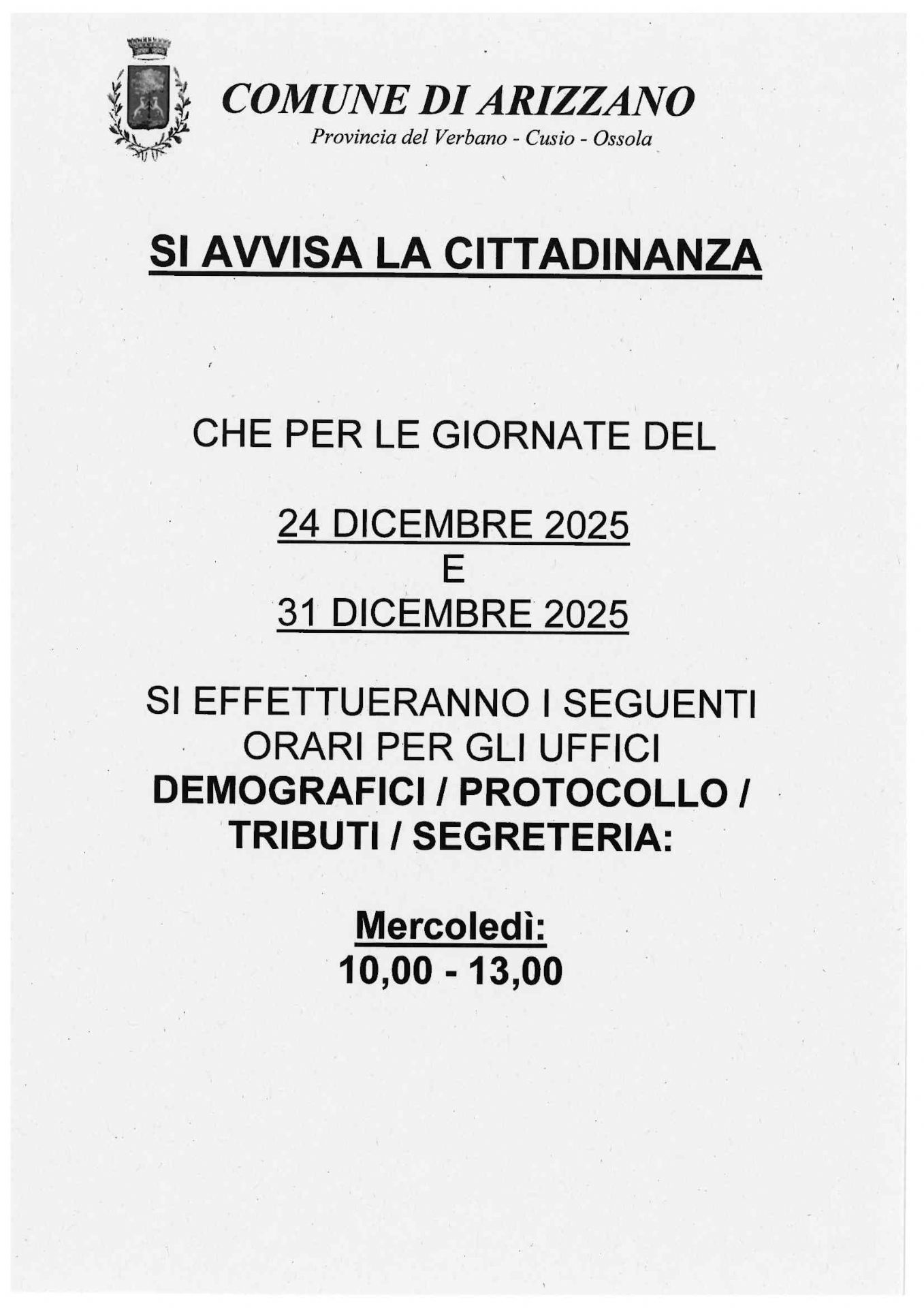 Avviso con riportato testo descrizione