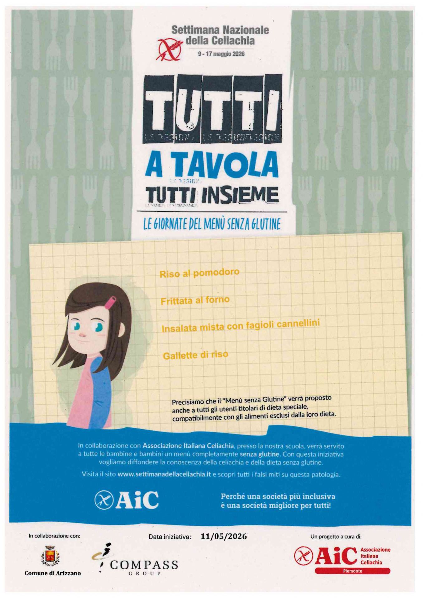 bambina in stile fumetto con a fianco elenco menù servito il giorno dell'iniziativa e la scritta Tutti a Tavola Tutti insieme su sfondo verde e parte finale in blu
